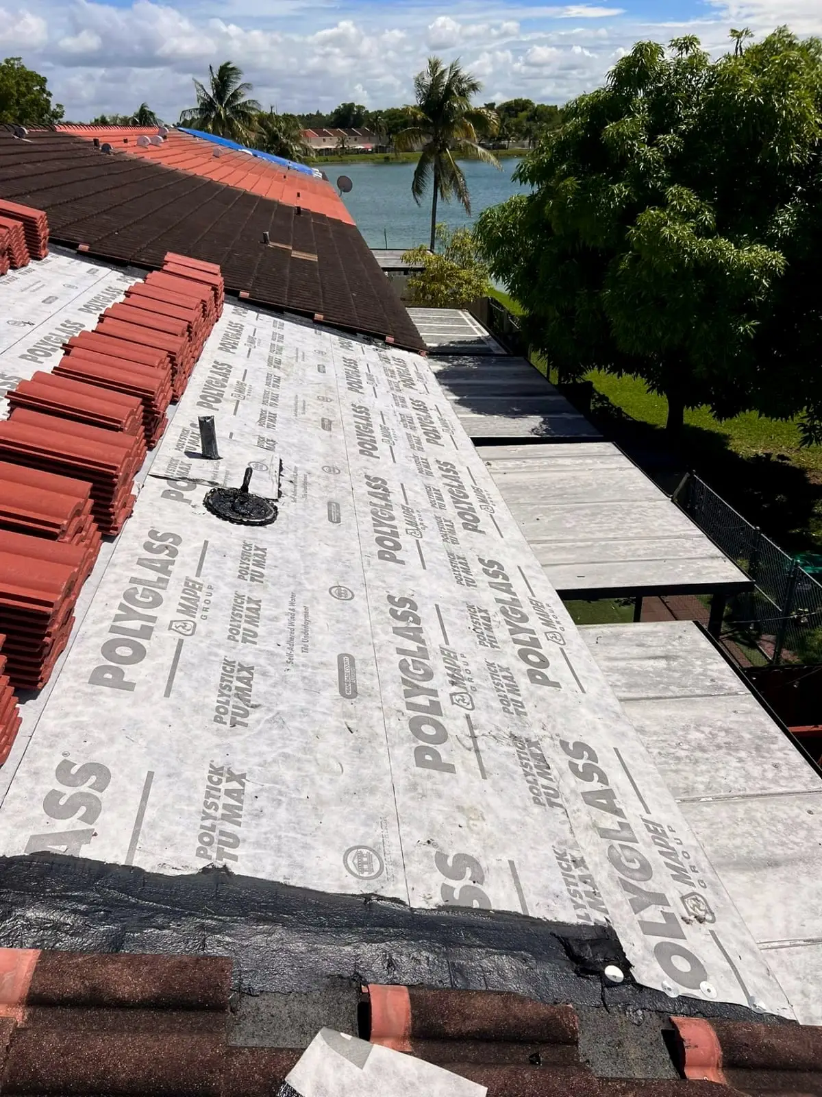 Polyglass underlayment with clay tile stacked for installation