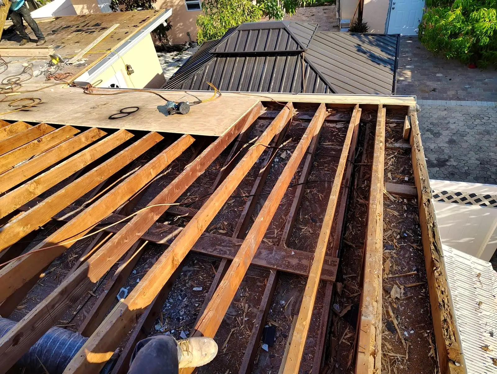 Roof opened to the rafters during a deck replacement